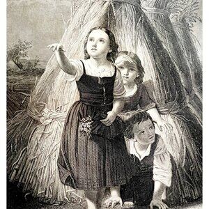 Rain Shower Grass Hut Steel Engraving 1859 Victorian Children Farm Art DWY5E